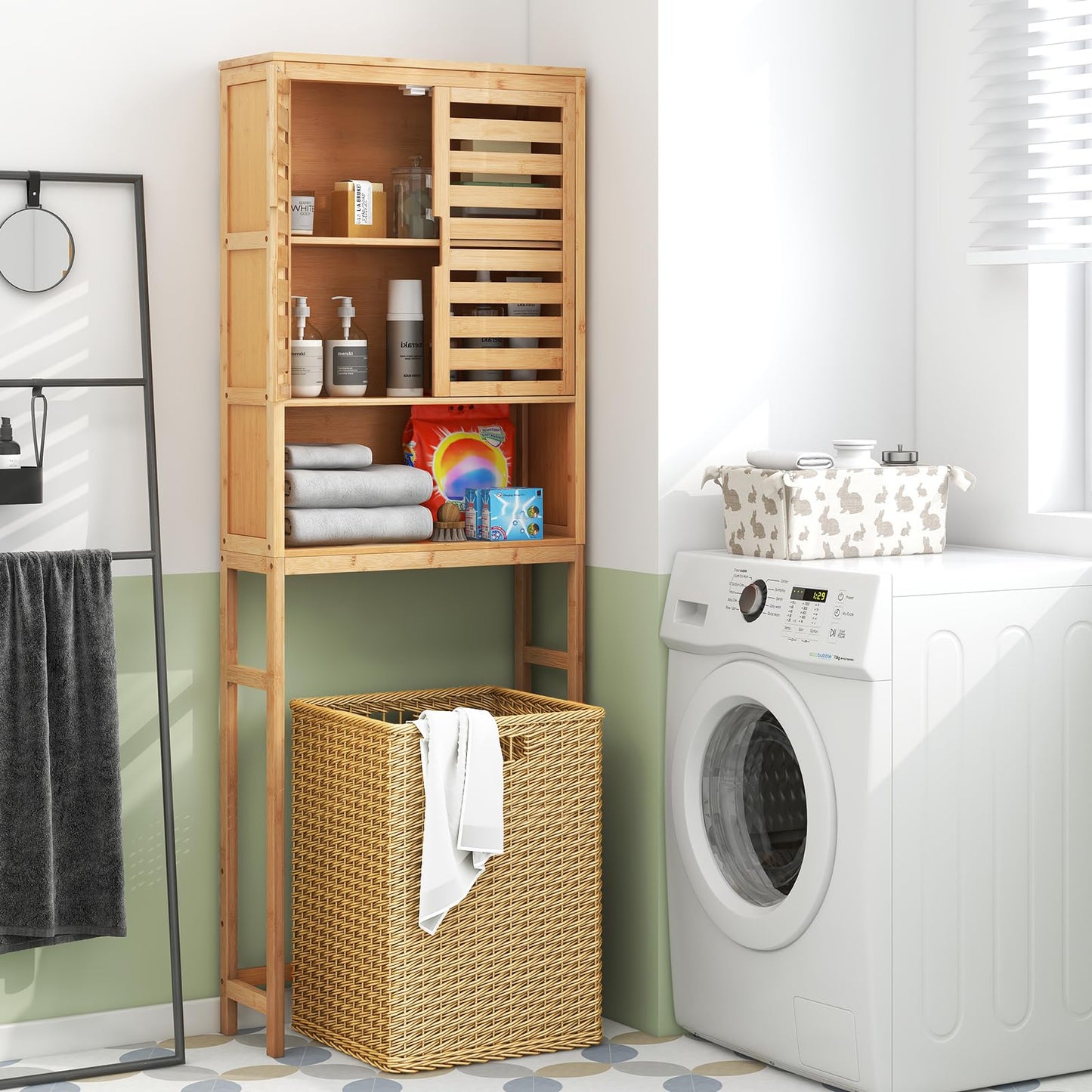 Tangkula Over The Toilet Storage Cabinet Tall Natural Bamboo Bathroom Shelf Over Toilet