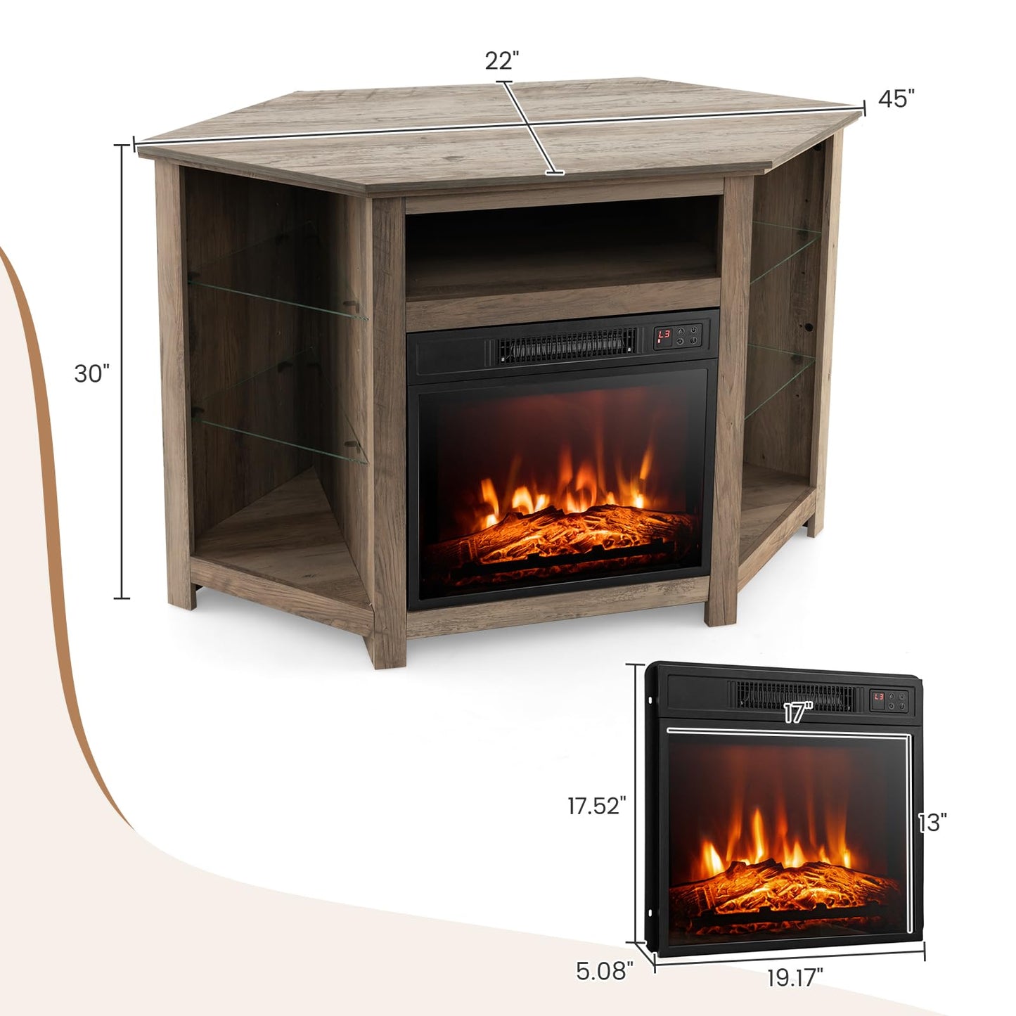 Tangkula Fireplace Corner TV Stand with LED Lights & Smart APP Control for 50 Inches TV