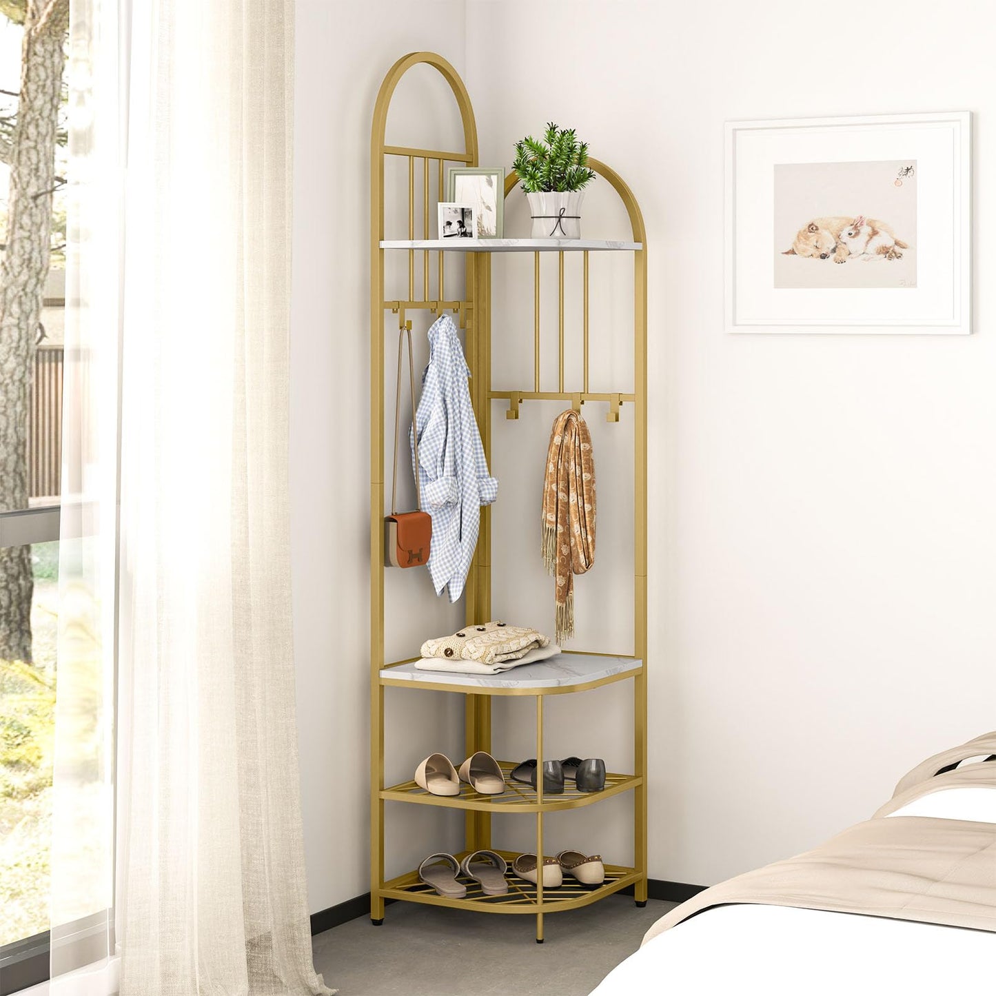 Tangkula 4-Tier Coat Rack Corner Hall Tree with Shoe Storage Bench