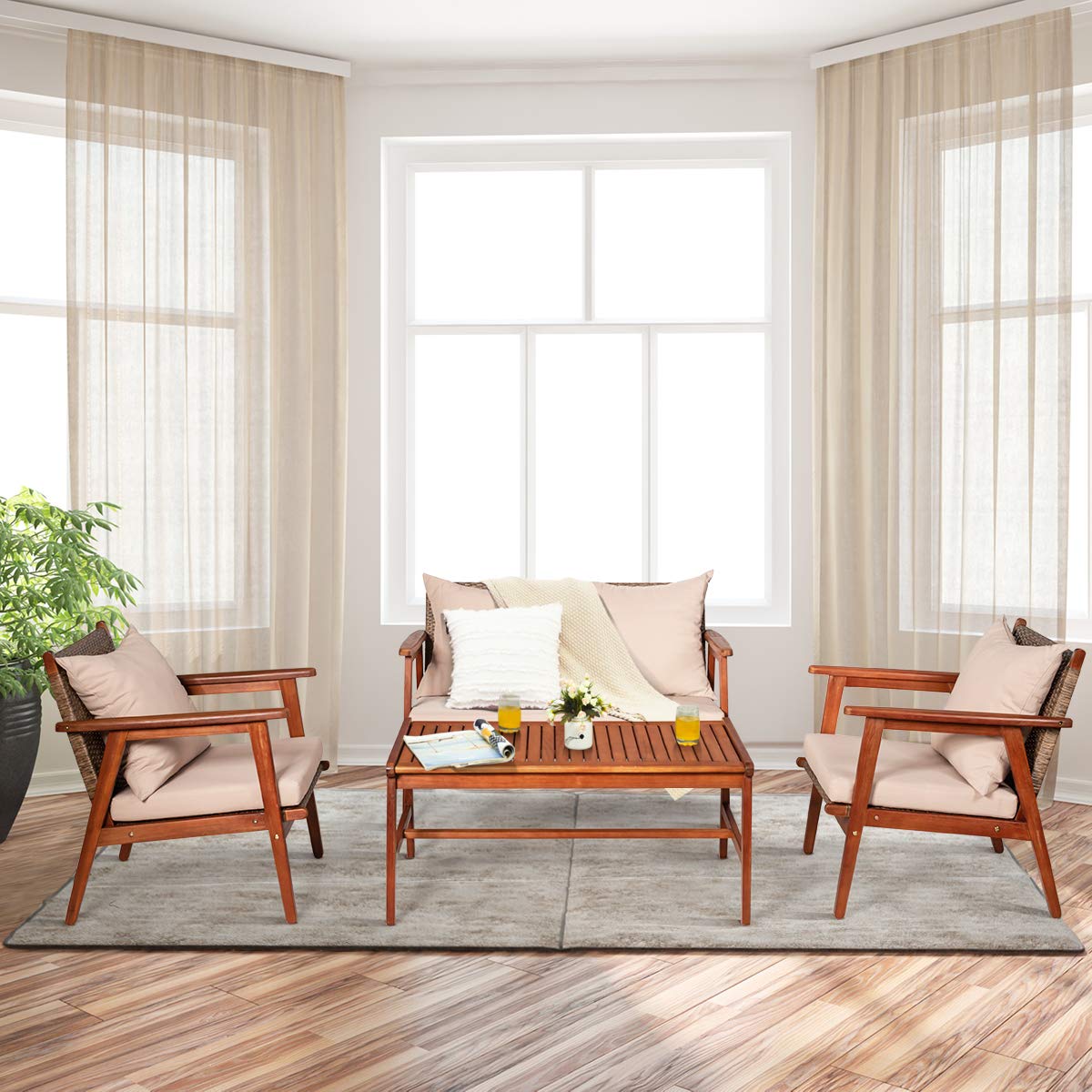 4/8PCS Patio Wood Sofa Set, Outdoor Acacia Wood Seating Chat Set with Cushions & Coffee Table