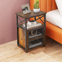 Tangkula Table d'appoint de canapé industrielle polyvalente avec étagère de rangement ouverte et 2 tiroirs basculants