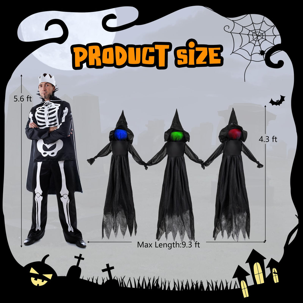 Tangkula 9.3 FT Outdoor Halloween Decoration Light Up Witch Stakes Set of 3