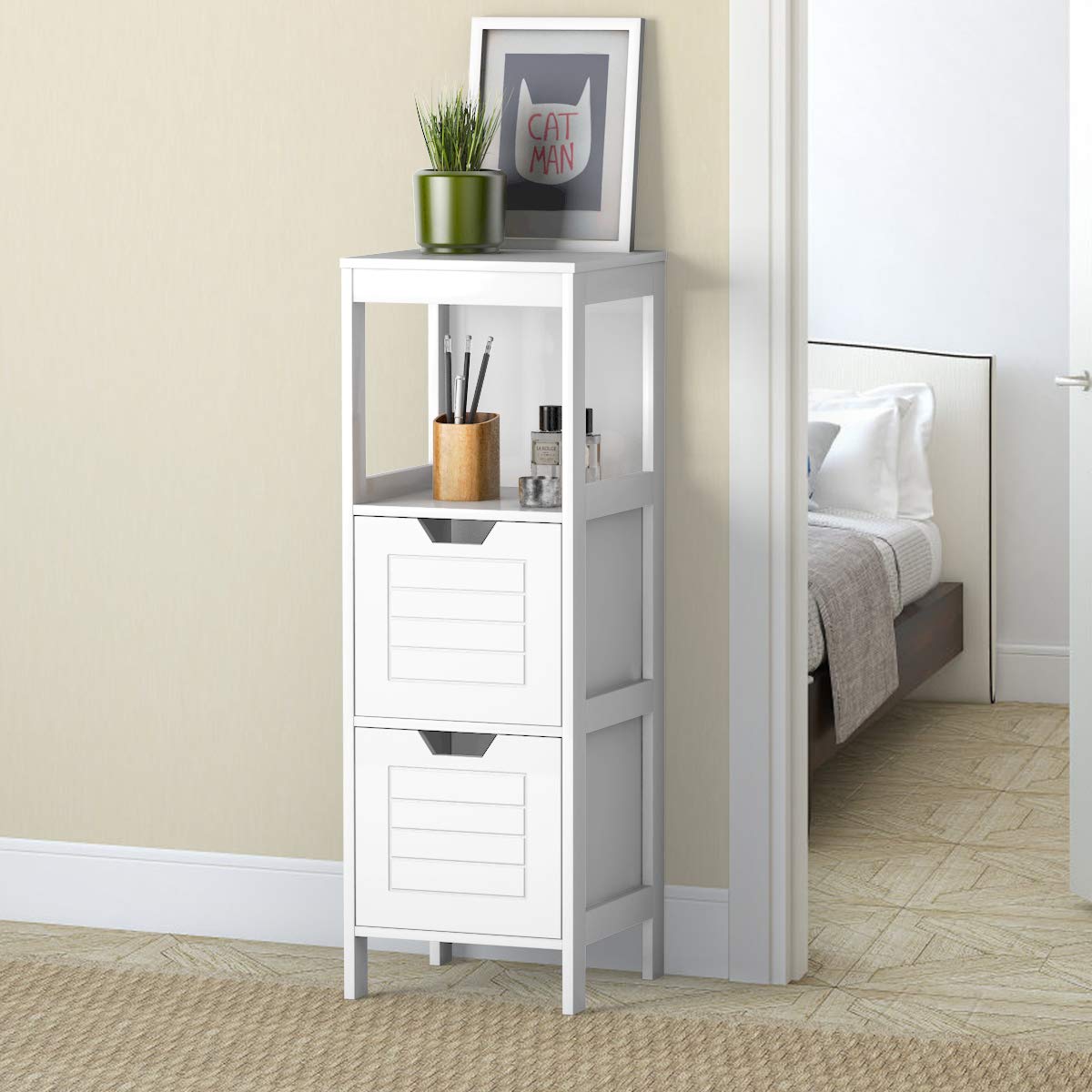 Tangkula Bathroom Floor Cabinet, Multifunctional Wooden Storage Cabinet with 2 Adjustable Drawers
