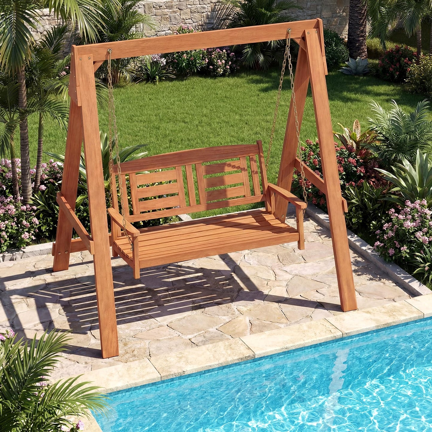 Tangkula 2-Seater Wood Porch Swing with Stand