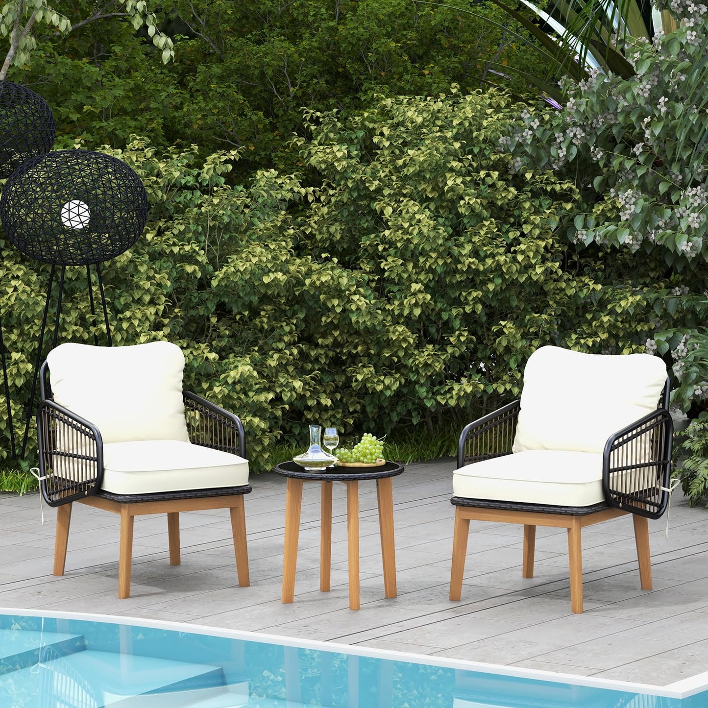 Tangkula 3 Piece Patio Chair Set, Wicker Chair & Side Table Set with Soft Cushions & Tempered Glass Tabletop