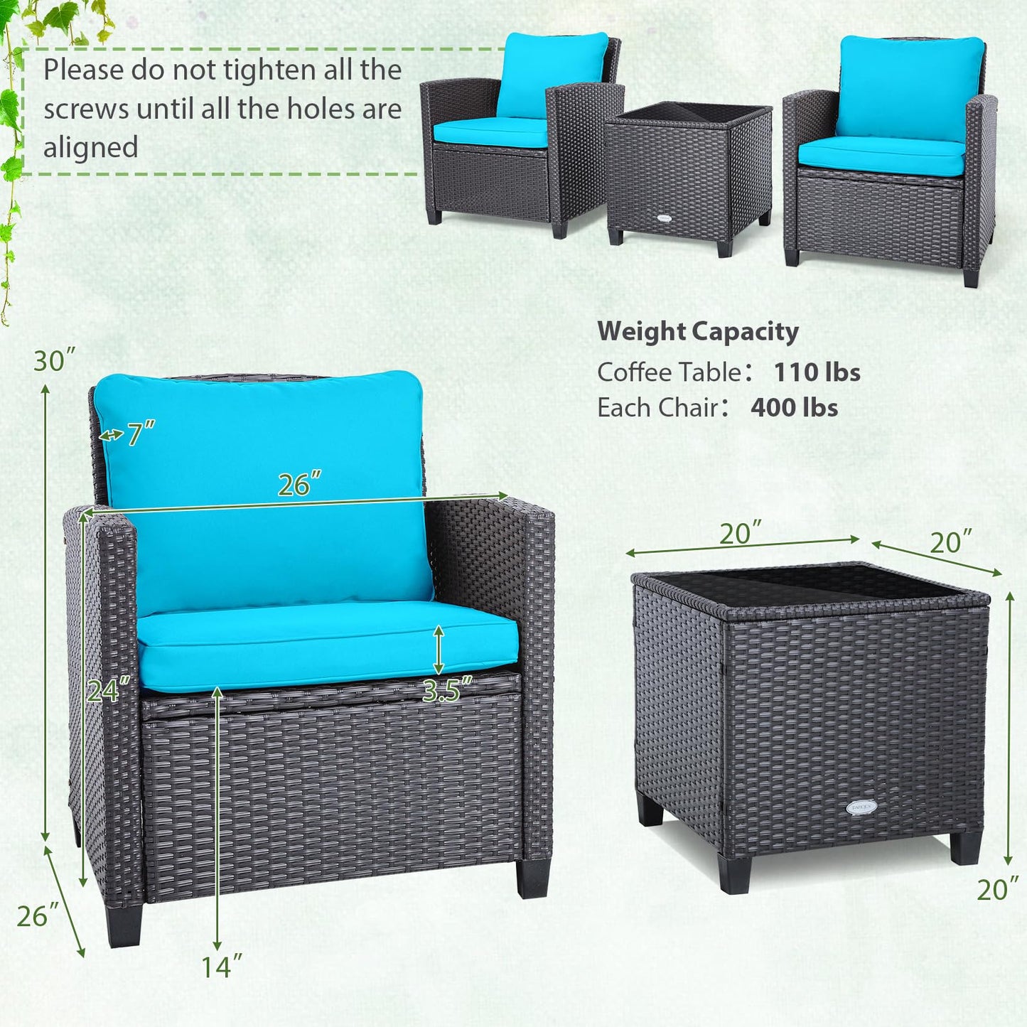 Tangkula 3 Pieces Patio PE Wicker Furniture Set with 4 Bonus Cushion Covers