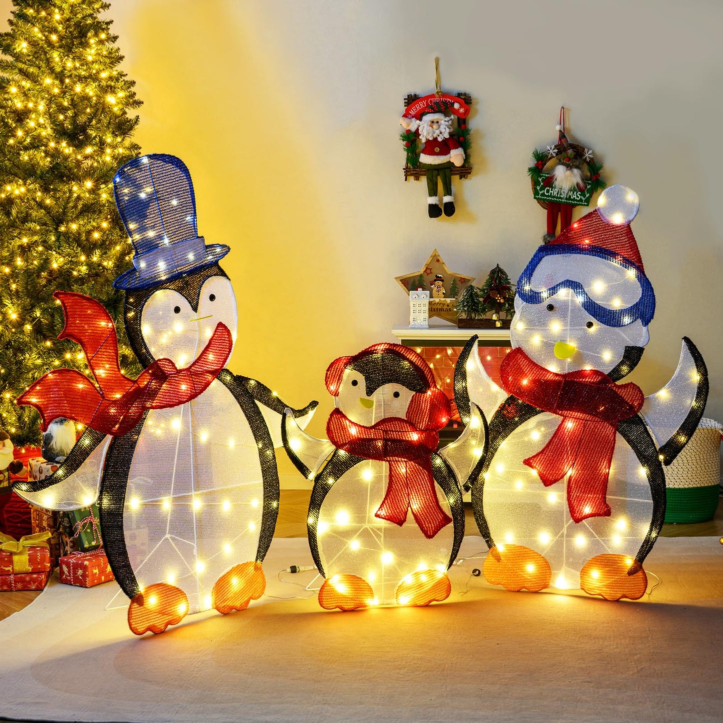 Tangkula 3-Piece Christmas Lighted Penguin Family Set Decoration