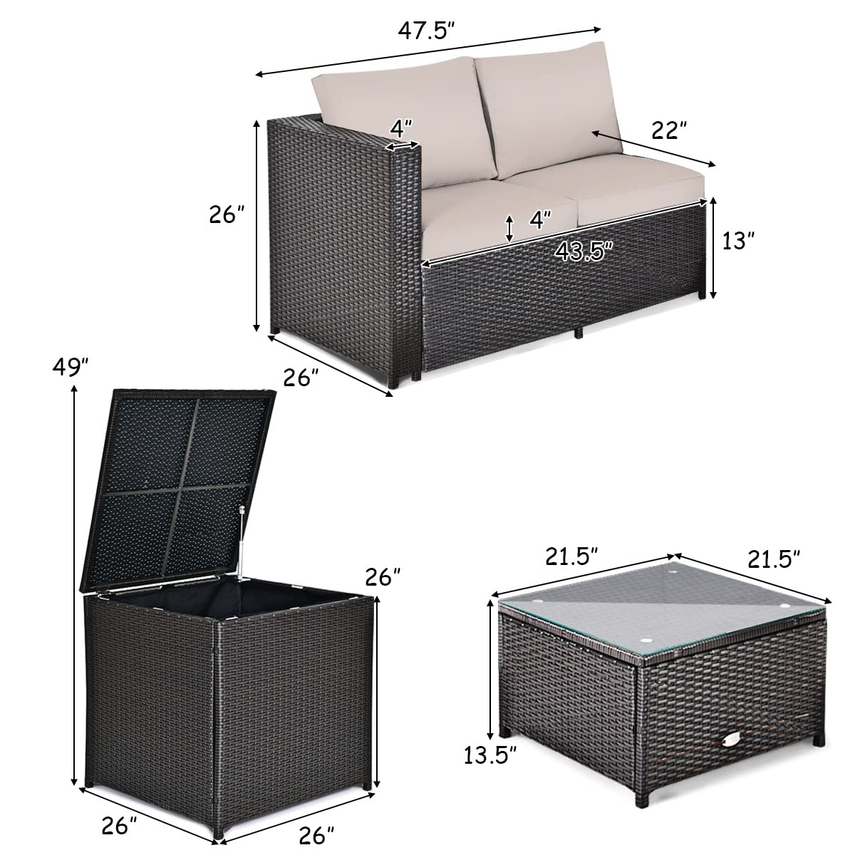 Tangkula 4 Piece Wicker Patio Set with Storage