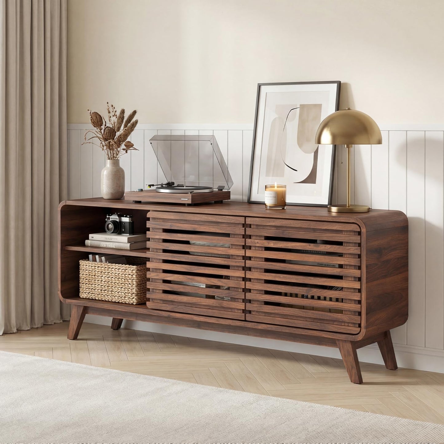 Tangkula Walnut TV Stand for 65” TVs for Living Room