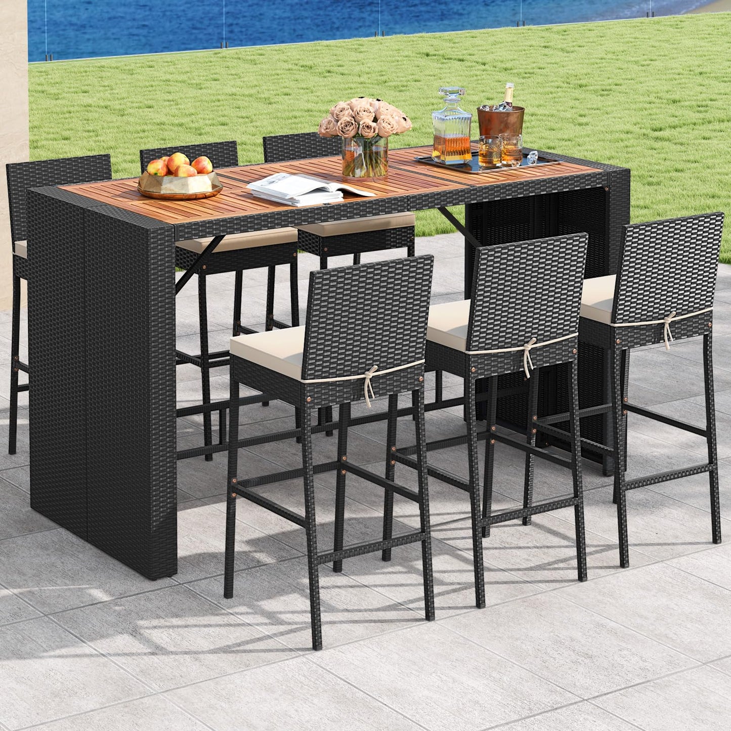 Tangkula 7 Piece Patio Wicker Bar Set with Backrest and Footrest