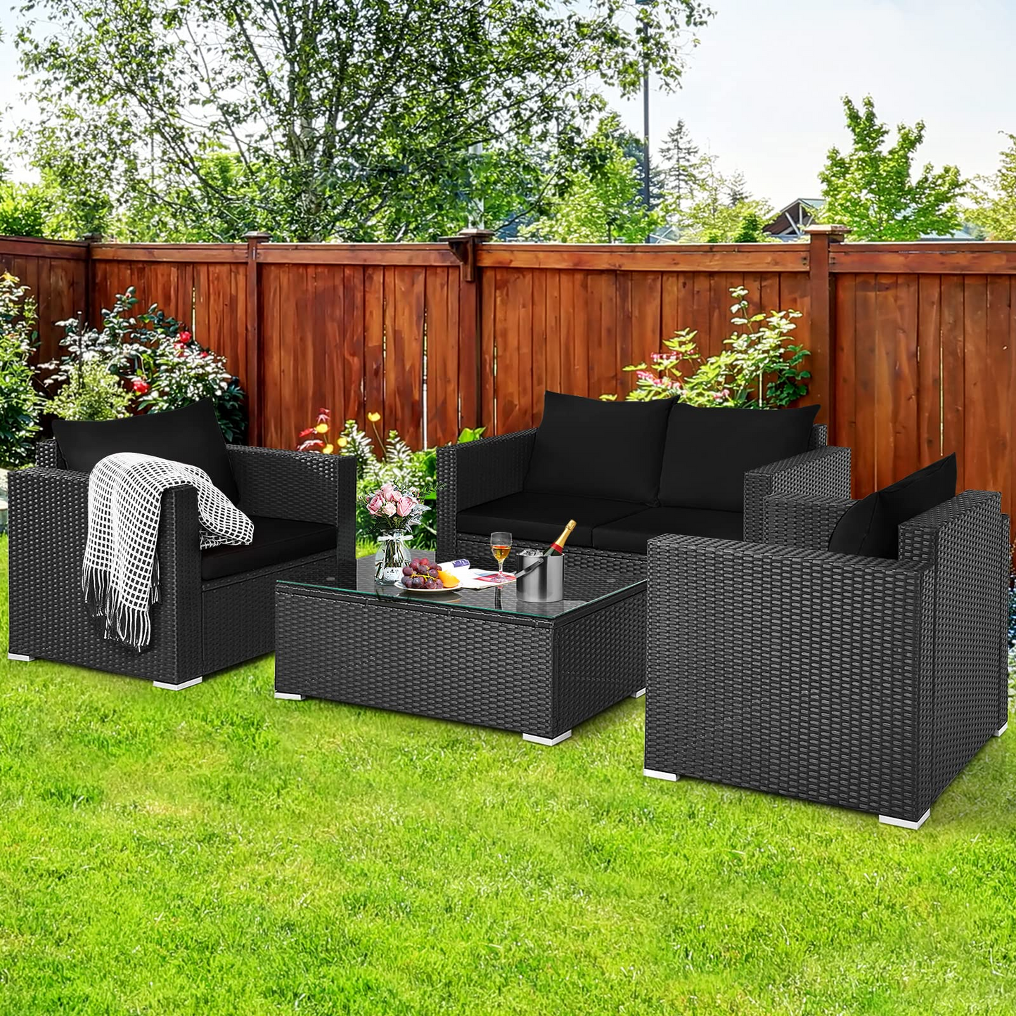 Patio Rattan Conversation Furniture Set, Outdoor Wicker Sofa Set with Padded Cushion & Tempered Glass Coffee Table