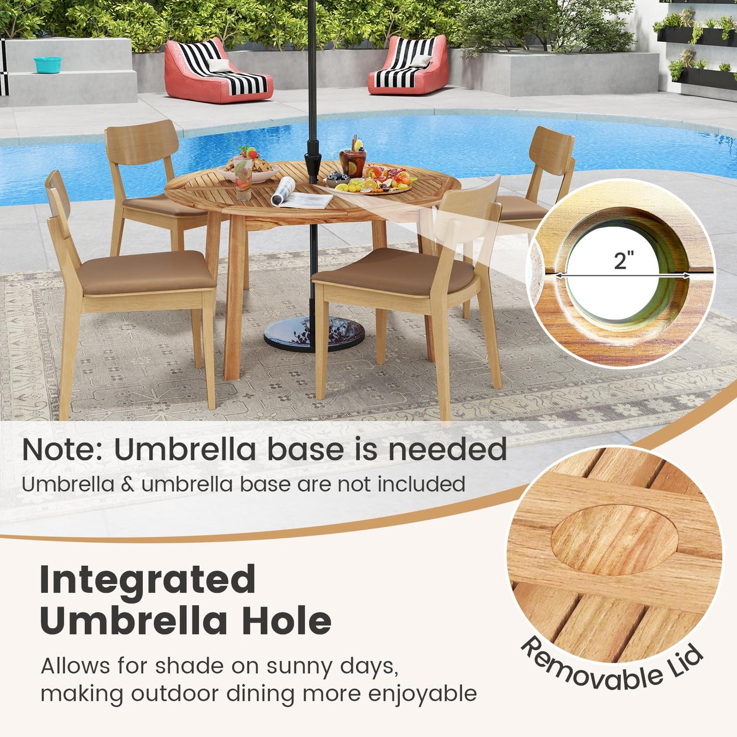 Tangkula 5 Pieces Wood Round Patio Dining Set with Umbrella Hole and Soft Cushion