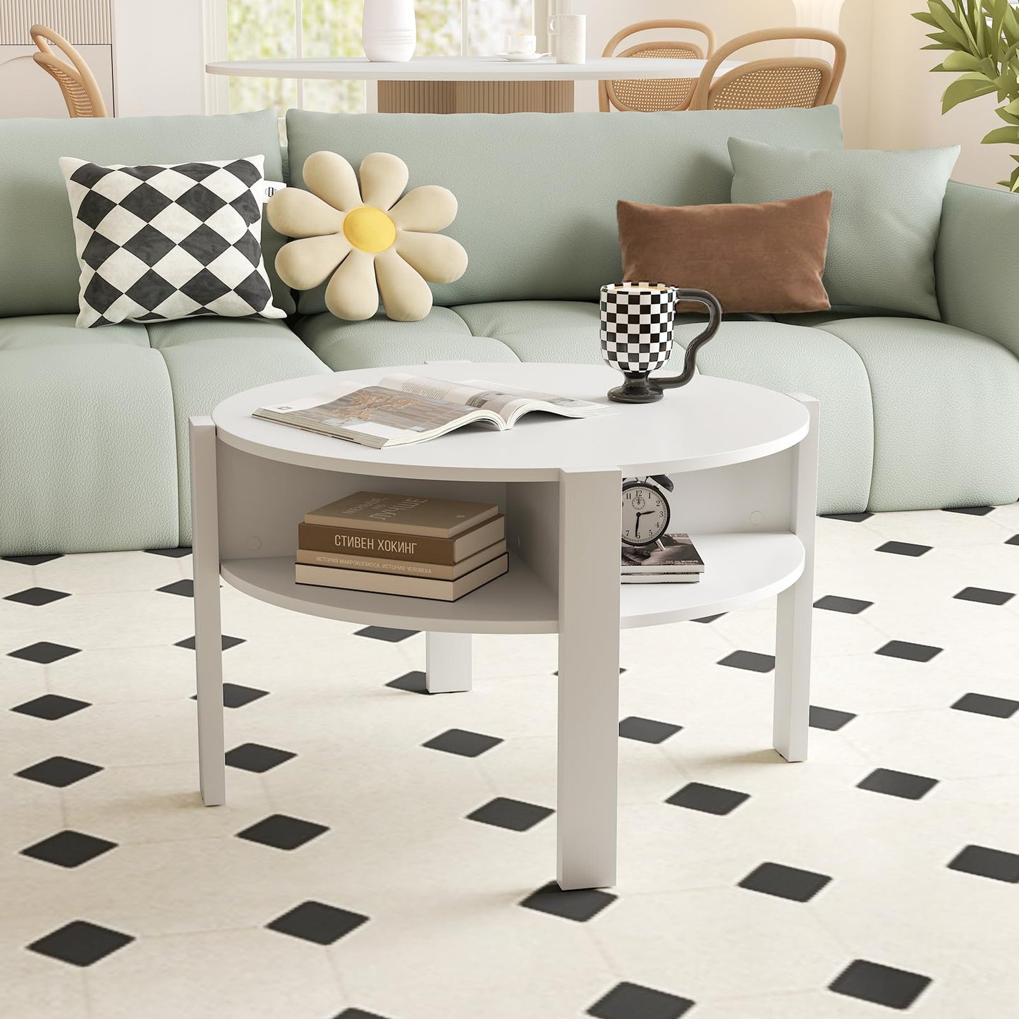 Tangkula 29.5”Round Coffee Table 2-Tier Circle Cocktail Center Table with Storage Shelves