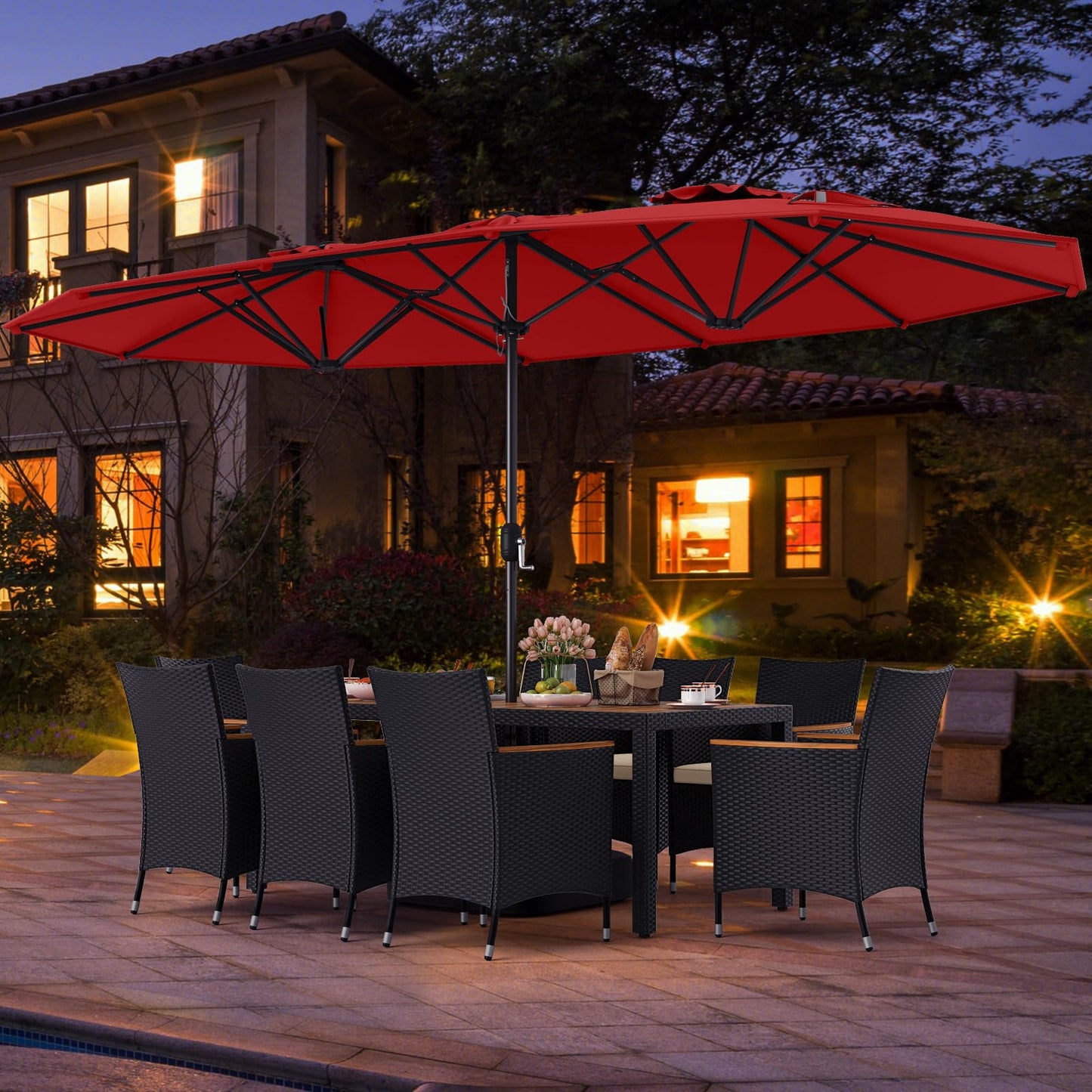 Tangkula 11 Piece Patio Wicker Dining Set w/Double-Sided Patio Umbrella