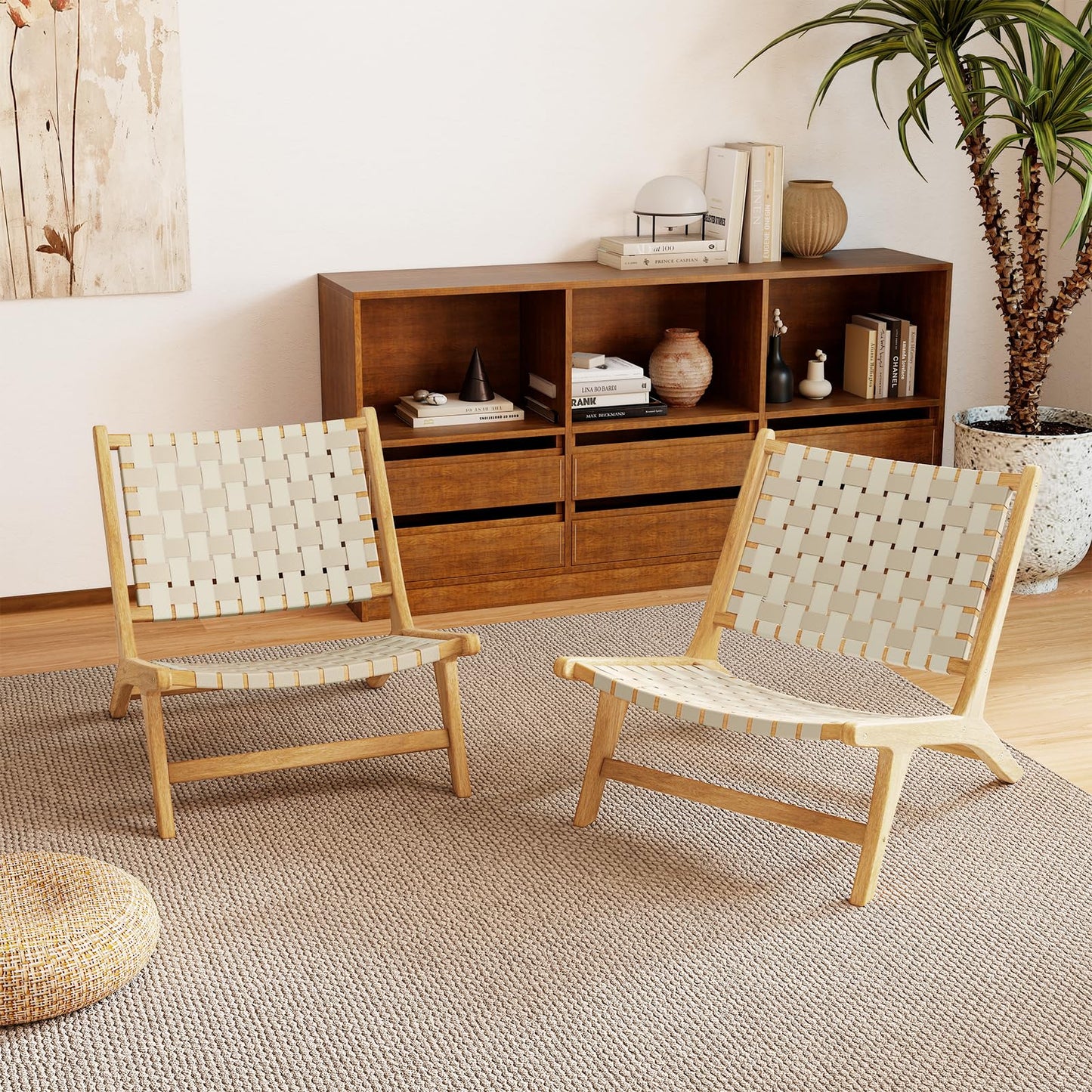 Chaise de patio Tangkula en bois de teck sans accoudoirs avec assise et dossier en sangle