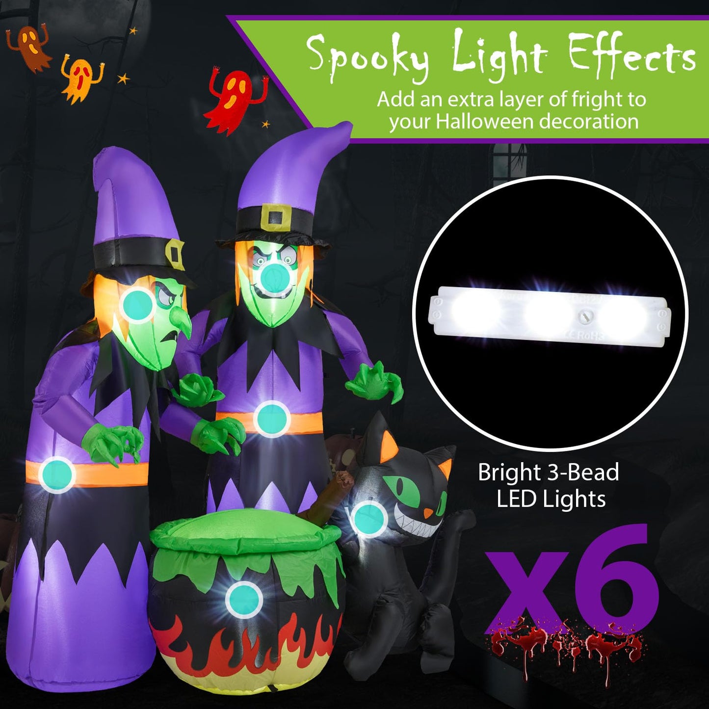 Tangkula Sorcières Gonflables d'Halloween de 6 Pi, 2 Décorations de Sorcières Effrayantes à Souffler avec Chaudron et Chat Noir