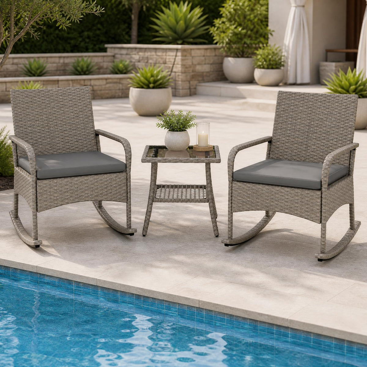 Tangkula 3-Piece Outdoor Wicker Rocking Bistro Set with 2-Tier Coffee Table