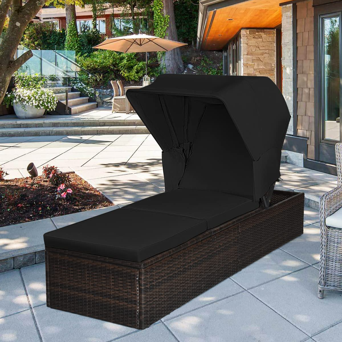 Outdoor Chaise Lounge Chair with Folding Canopy, Adjustable Cushioned Reclining Chair with Flip-up Tea Table