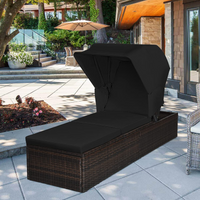 Outdoor Chaise Lounge Chair with Folding Canopy, Adjustable Cushioned Reclining Chair with Flip-up Tea Table