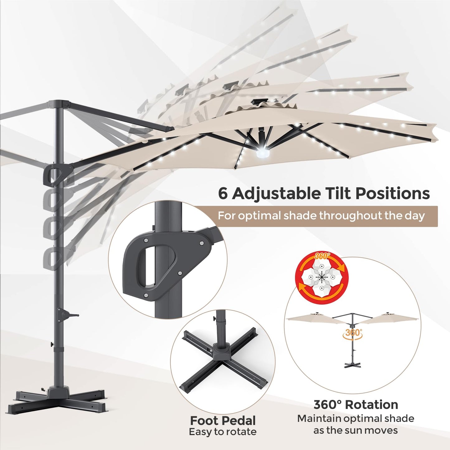 Tangkula 10 FT Solar Patio Umbrella with Base Included Cantilever Offset Outdoor Umbrella