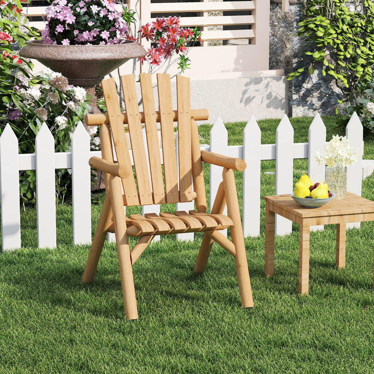 Tangkula Log Wood Patio Chair with Slatted Backrest