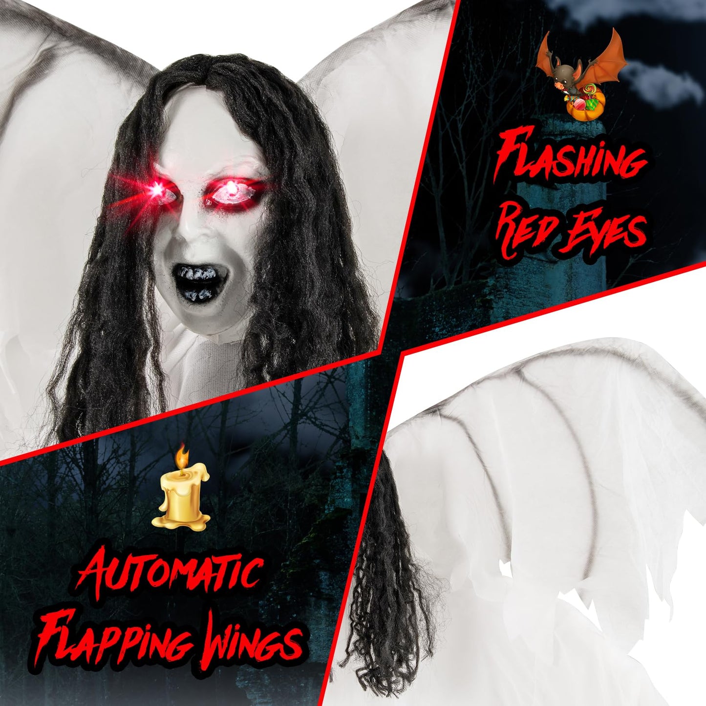 Tangkula 6.6 Feet Halloween Animatronic Standing Angel with Sound-Activated Light-up Eyes and Flapping Wings