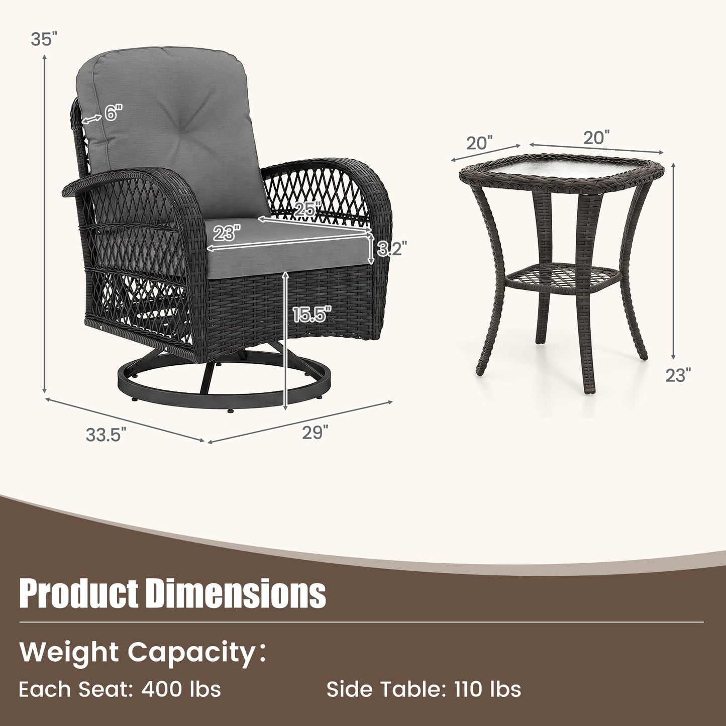 Tangkula 3 Piece Patio Swivel Rocker Set 2 Outdoor Wicker Rocking Chairs