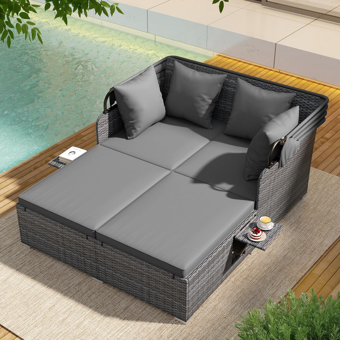 Tangkula Patio Rattan Daybed with Retractable Canopy and Side Tables-Mix Gray