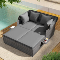 Tangkula Patio Rattan Daybed with Retractable Canopy and Side Tables-Mix Gray
