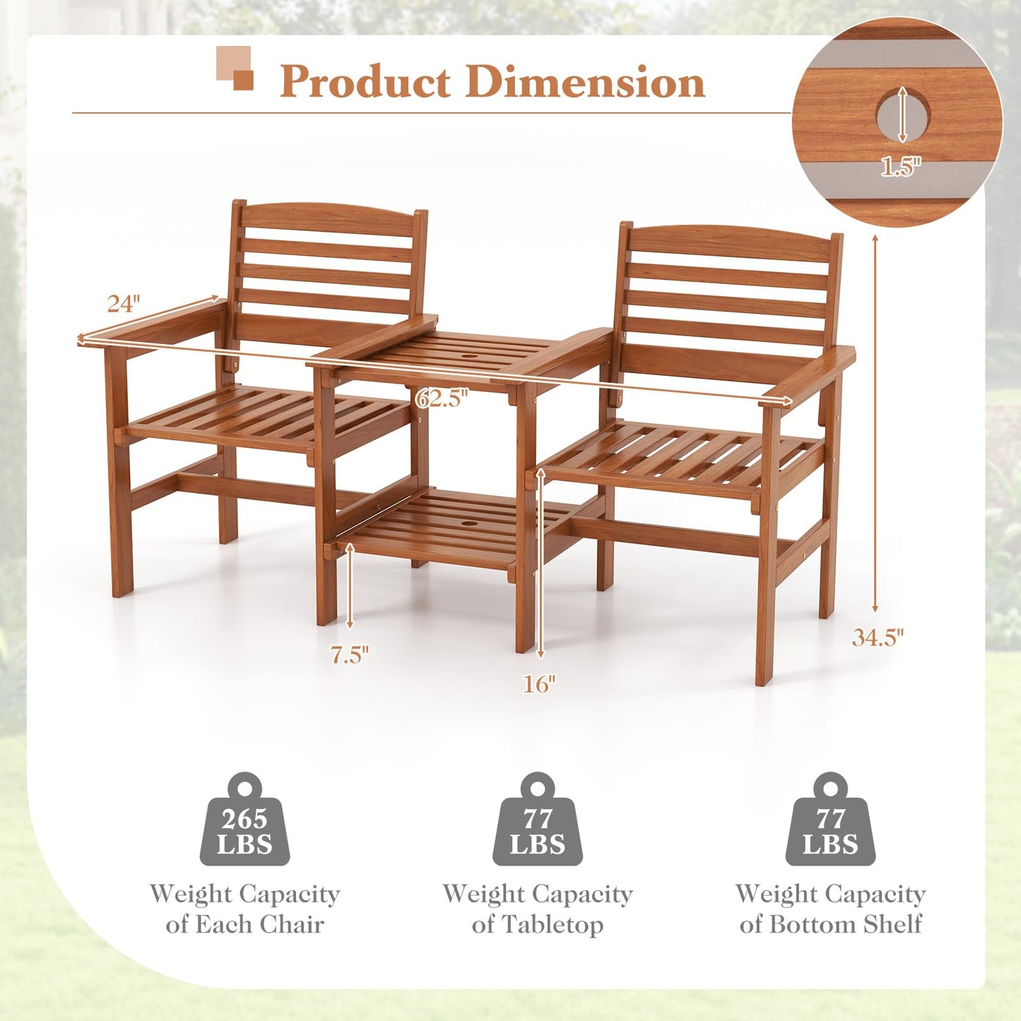 Tangkula Outdoor Patio Loveseat with Table, Wood 2-Seat Conversation Set with Coffee Table and Umbrella Hole