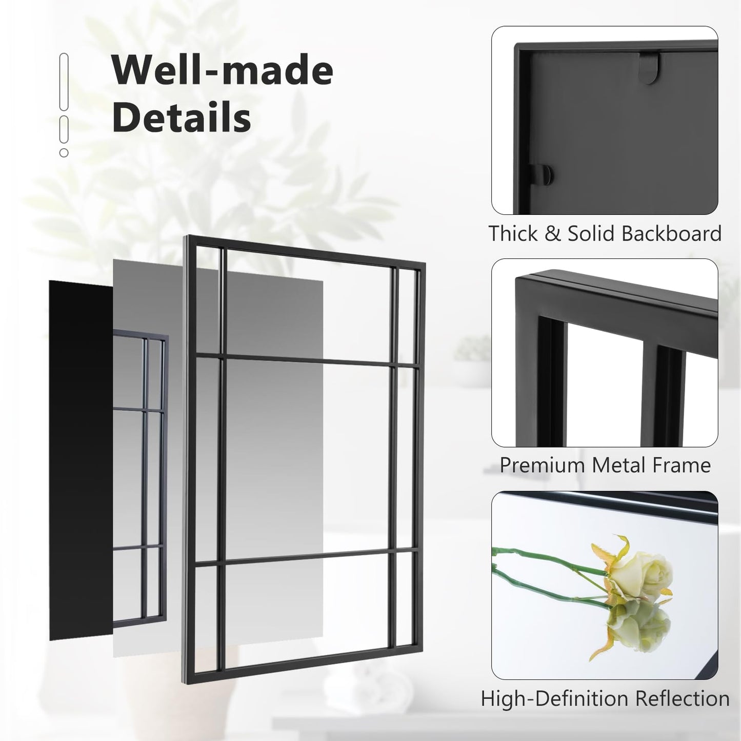 Tangkula Miroir de fenêtre rectangulaire 28" x 40", miroir moderne à 3 couches avec cadre métallique