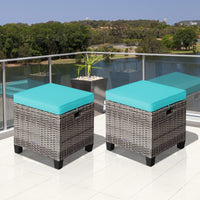 2 Pieces Patio Rattan Ottomans, Outdoor Wicker Footstool Footrest Seat with Soft Cushions and Steel Frame