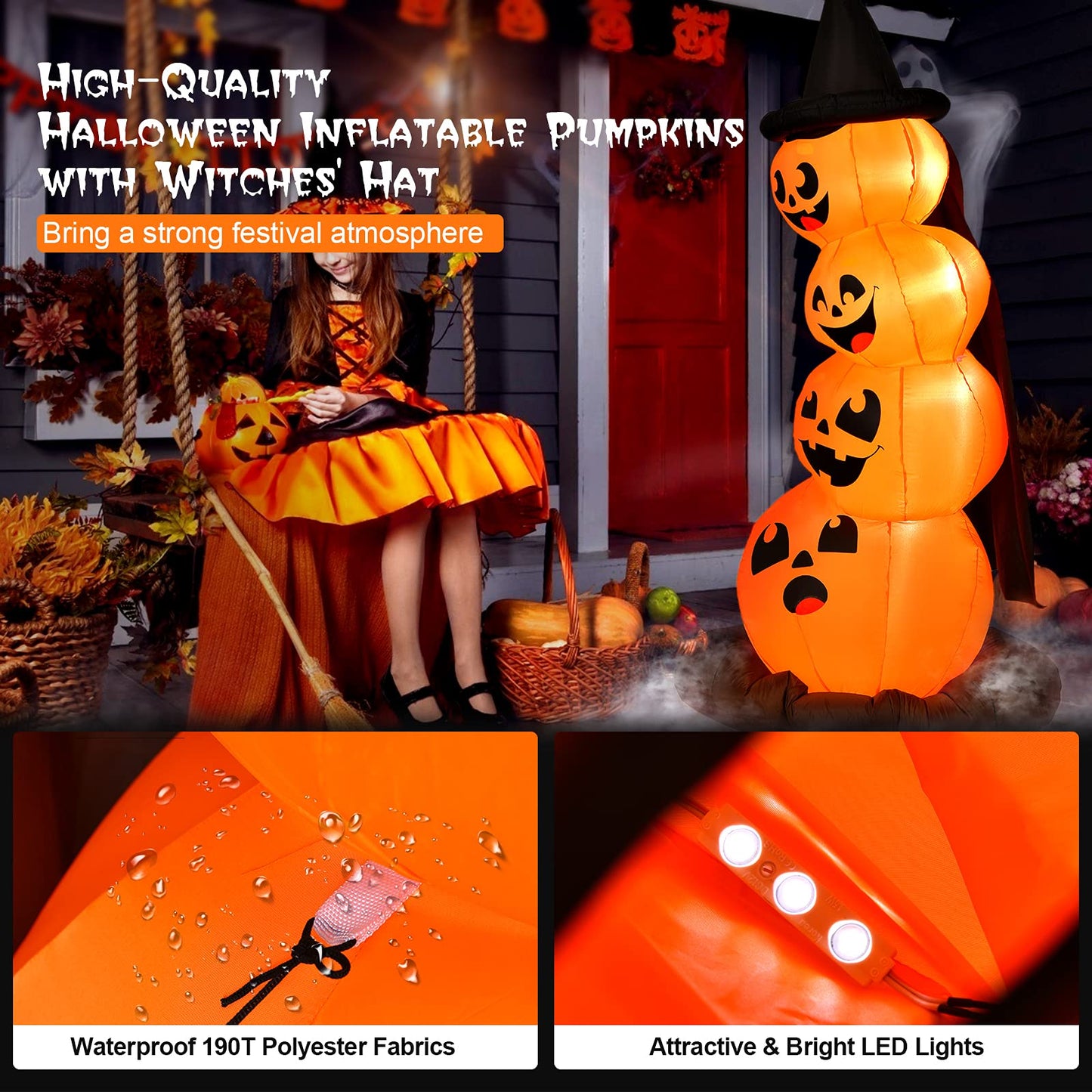 7 Ft Halloween Inflatable Stacked Pumpkins with Build-in LED Lights & Blower