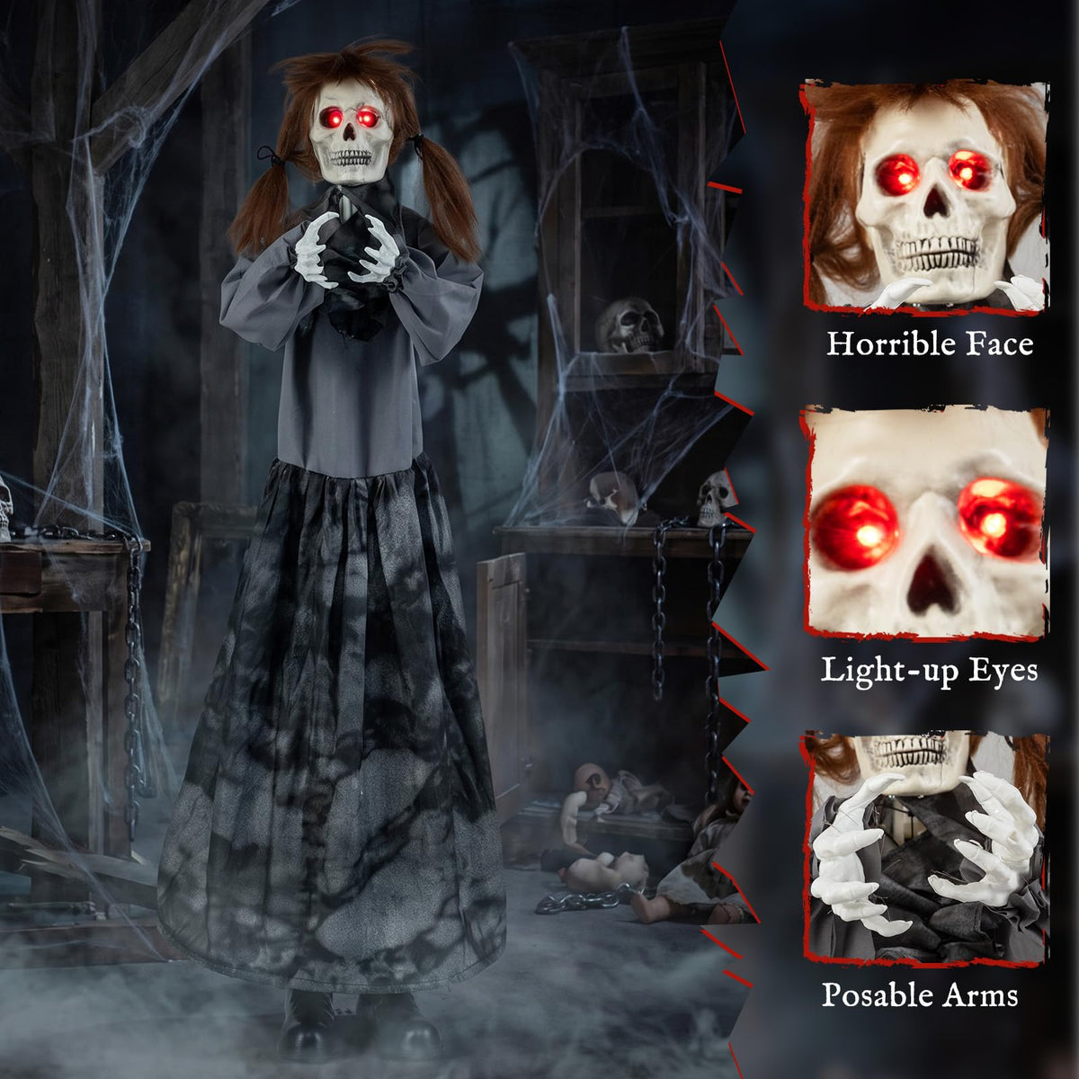 Tangkula 4 FT Halloween Animatronic Standing Skeleton Gril with Pop Up Head