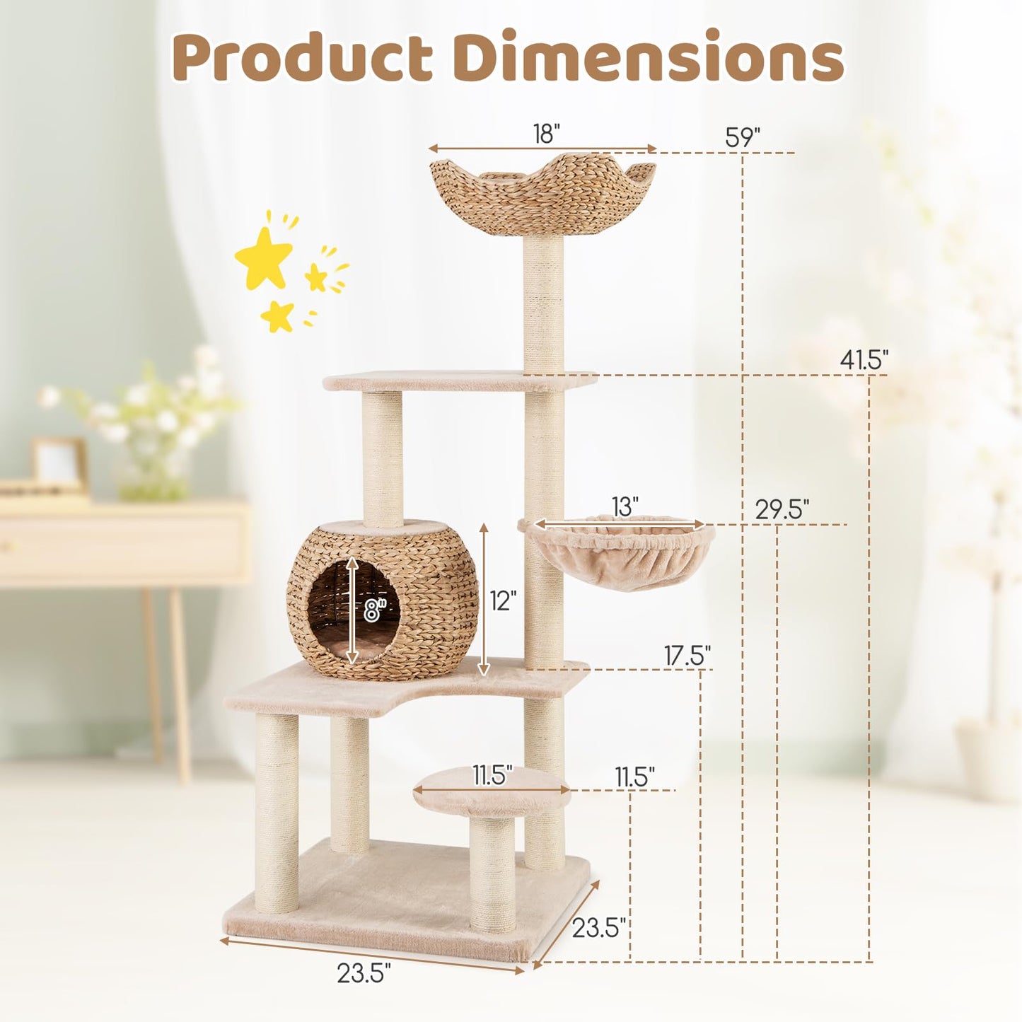 Arbre à chat Tangkula 59 pouces, tour à chat multi-niveaux avec poteaux à gratter en sisal