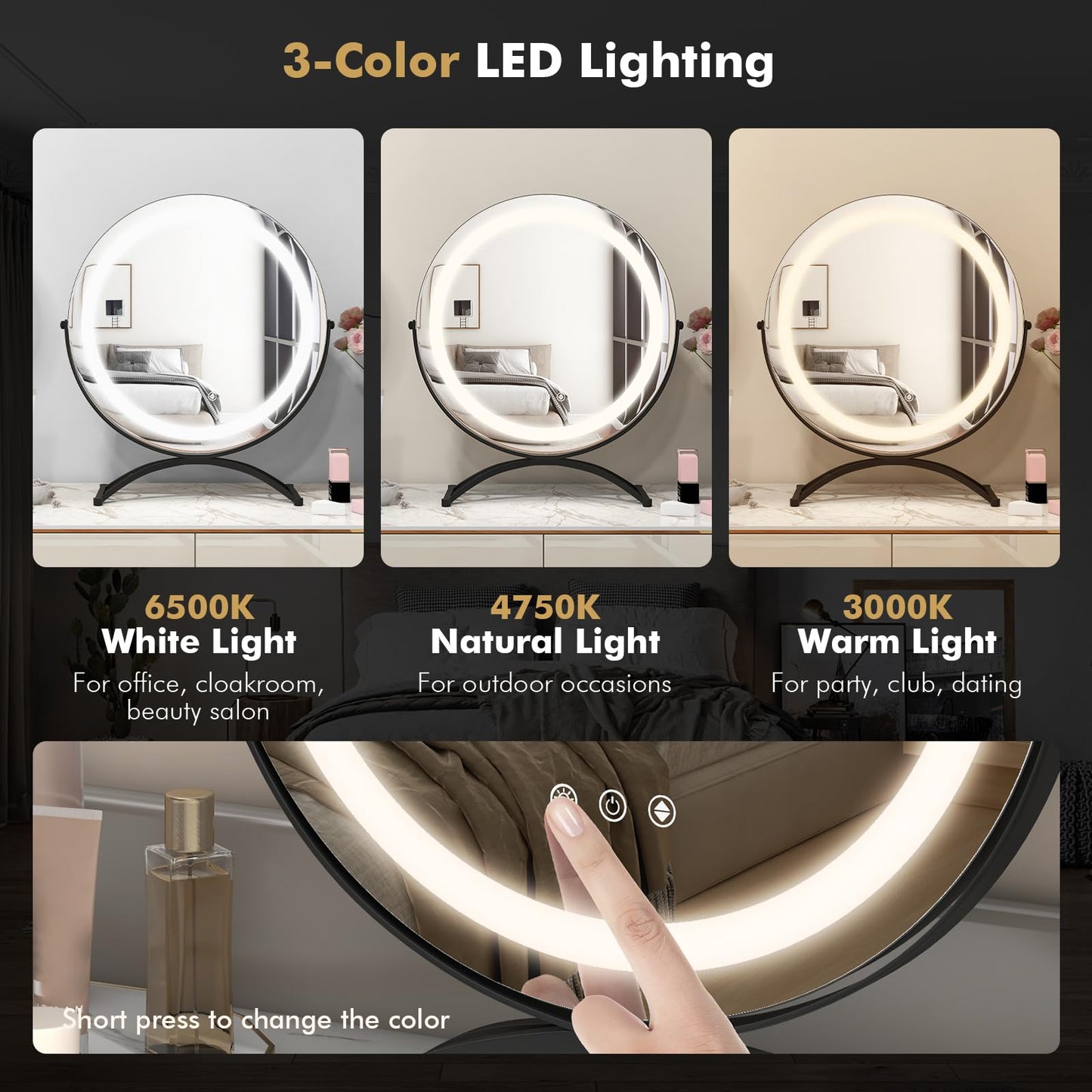 Tangkula Miroir de courtoisie de 16 po avec lumières, miroir de maquillage lumineux à LED à 3 couleurs à intensité variable avec écran tactile