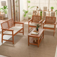 Tangkula 4 Piece Patio Conversation Set Wood Sofa Set with Soft Seat Cushions 2-Tier Rectangle Coffee Table