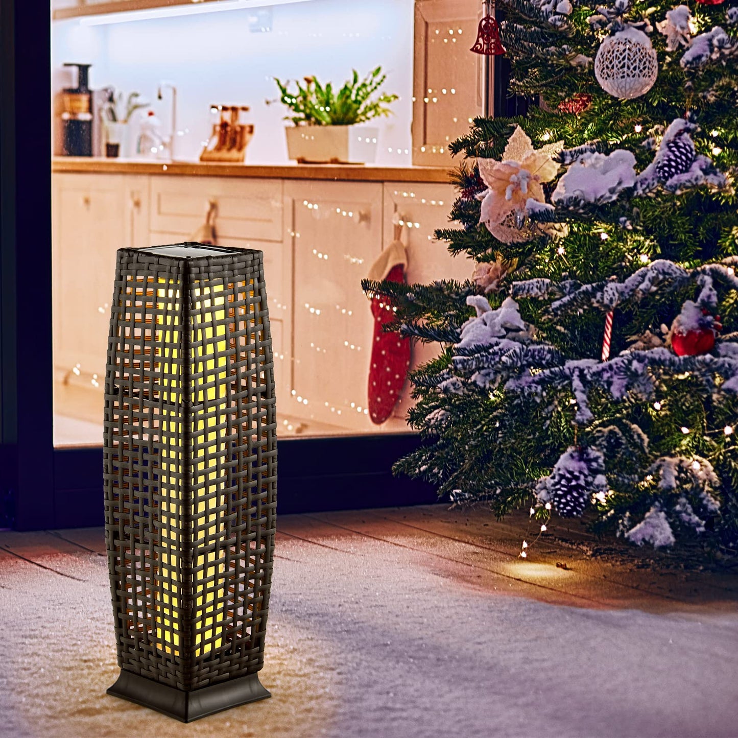 Tangkula 2-Piece Outdoor Solar Powered Floor Lamps, IP65 Waterproof Wicker Floor Lamps with Auto On/Off LED Light