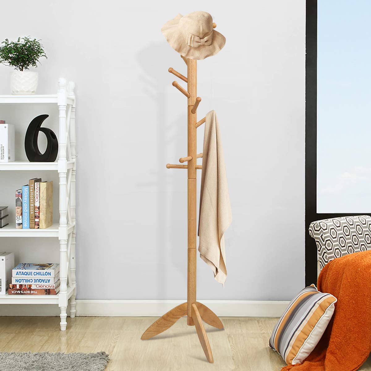 Tangkula Wood Tree Coat Rack with 11 Hooks & Stable Tri-Legged Base