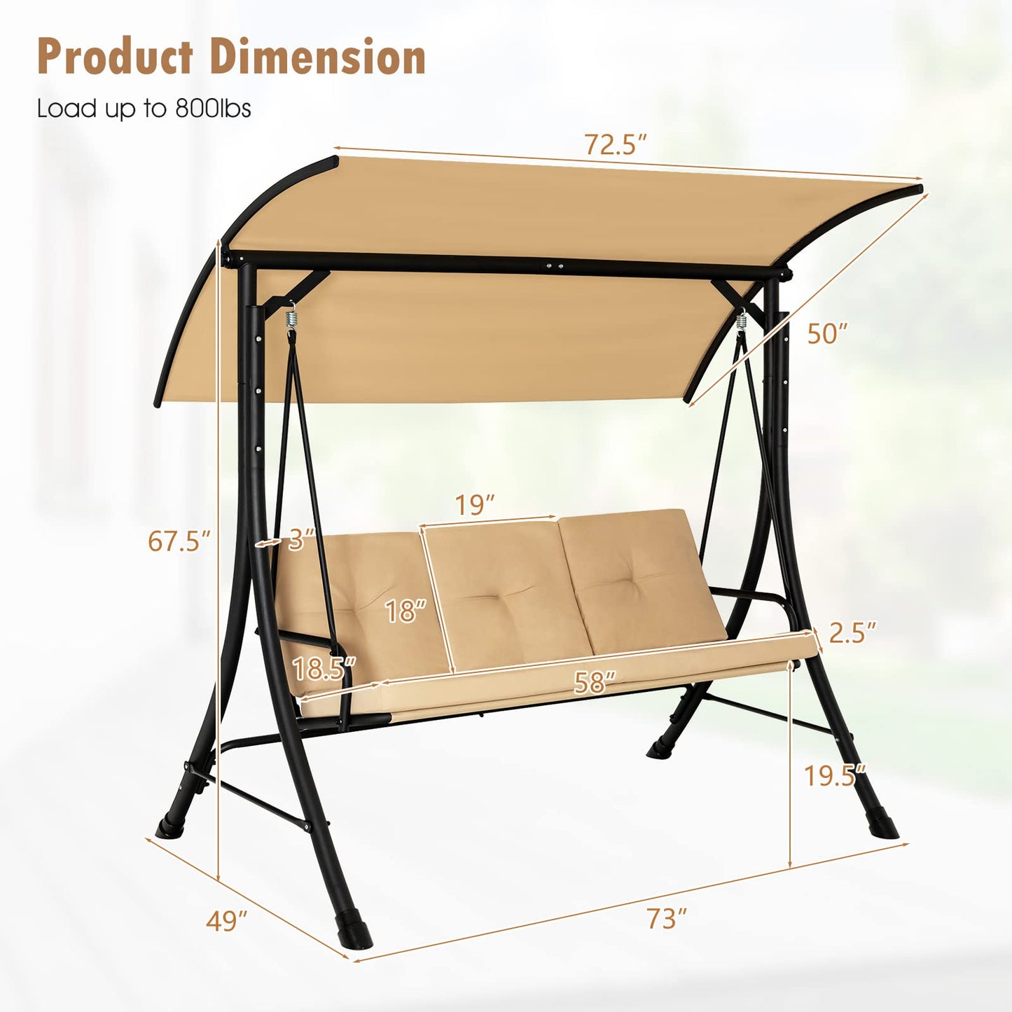 Tangkula 3 Person Porch Swing, Outdoor Swing with Removable Cushions