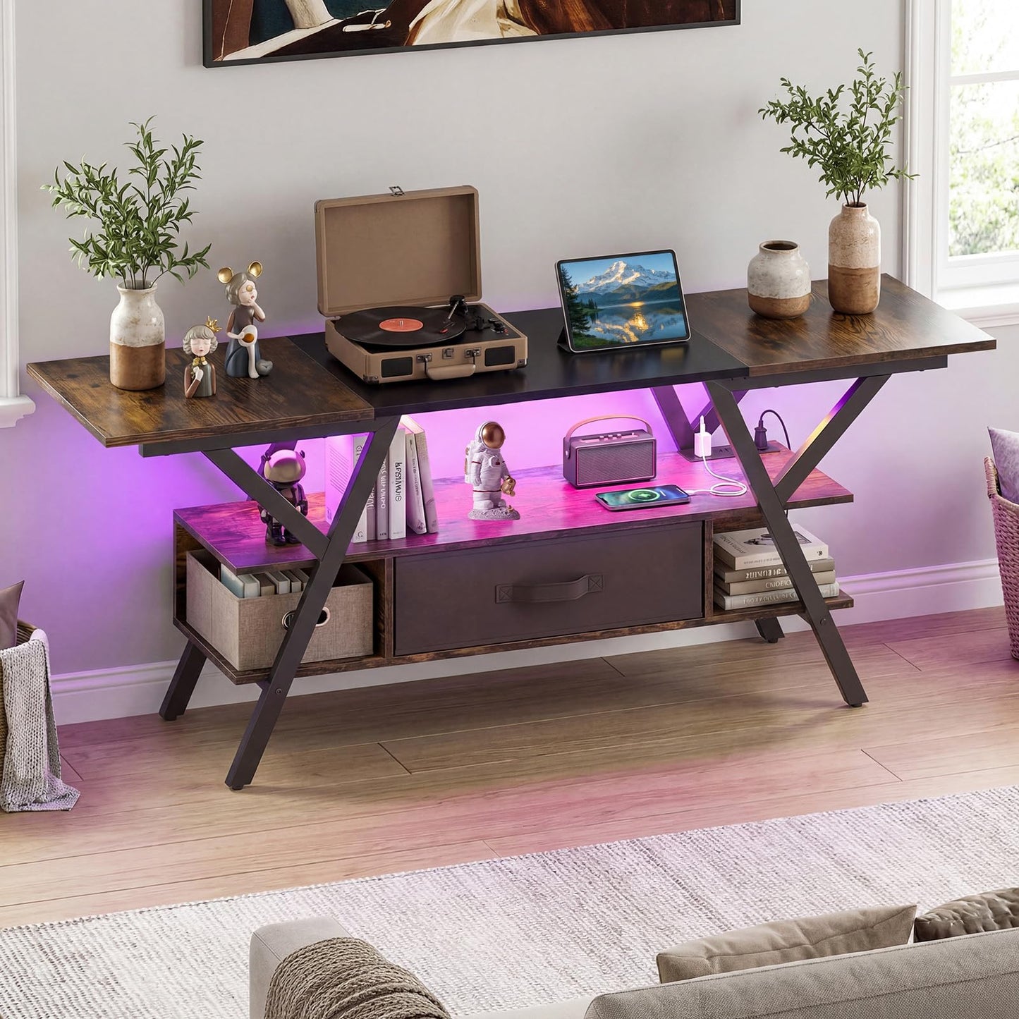 Tangkula TV Stand with Power Outlets & LED Lights for PS5