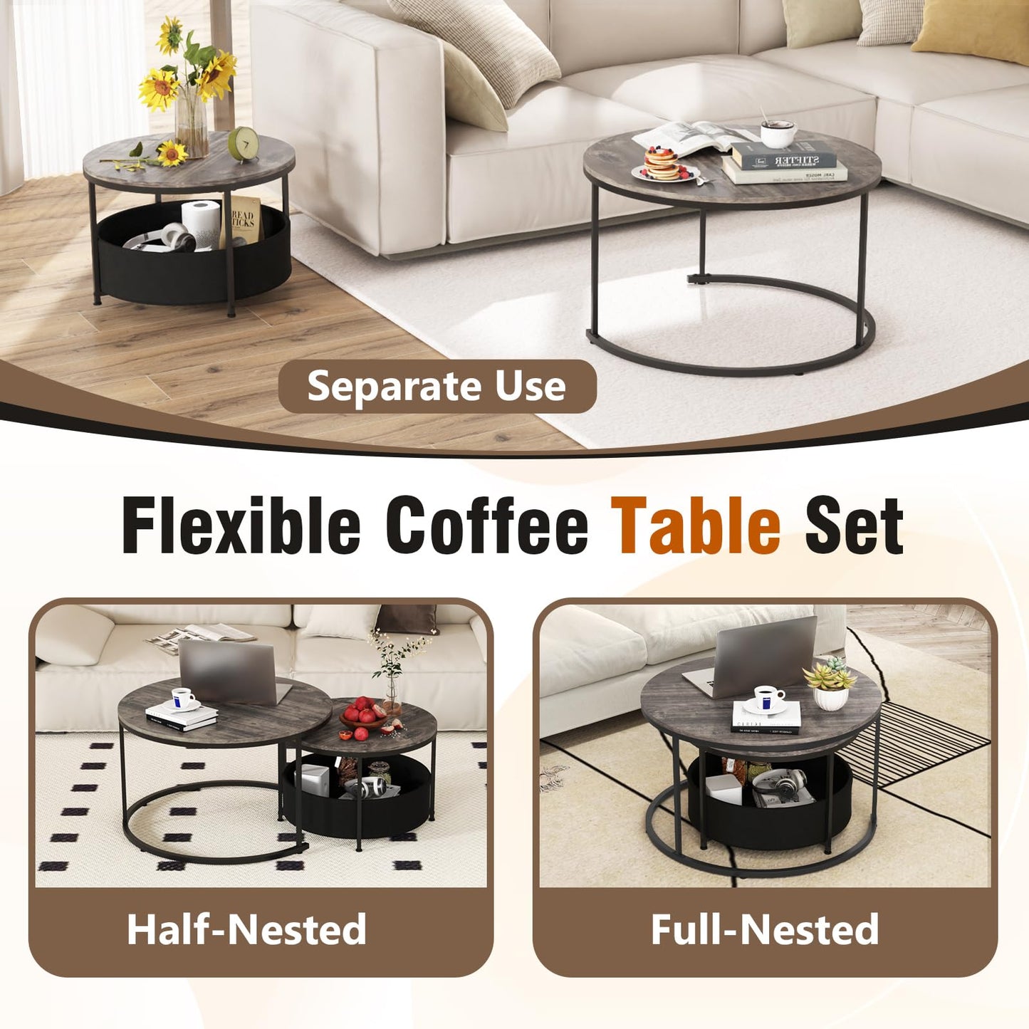 Tangkula Round Nesting Coffee Table Set of 2