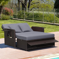 Outdoor PE Wicker Loveseat with Storage Ottoman & Folding Side Tray - Grey