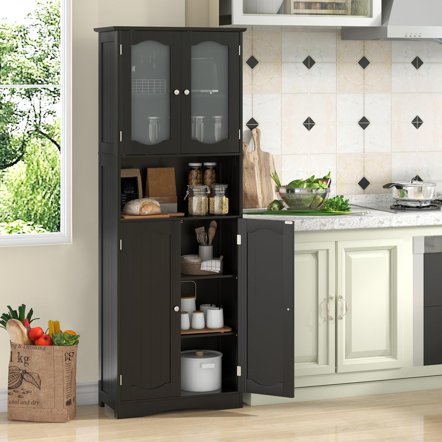 Tangkula 64.5" Tall Bathroom Storage Cabinet, Freestanding Linen Cabinet with Frost Glass Doors and Shelves