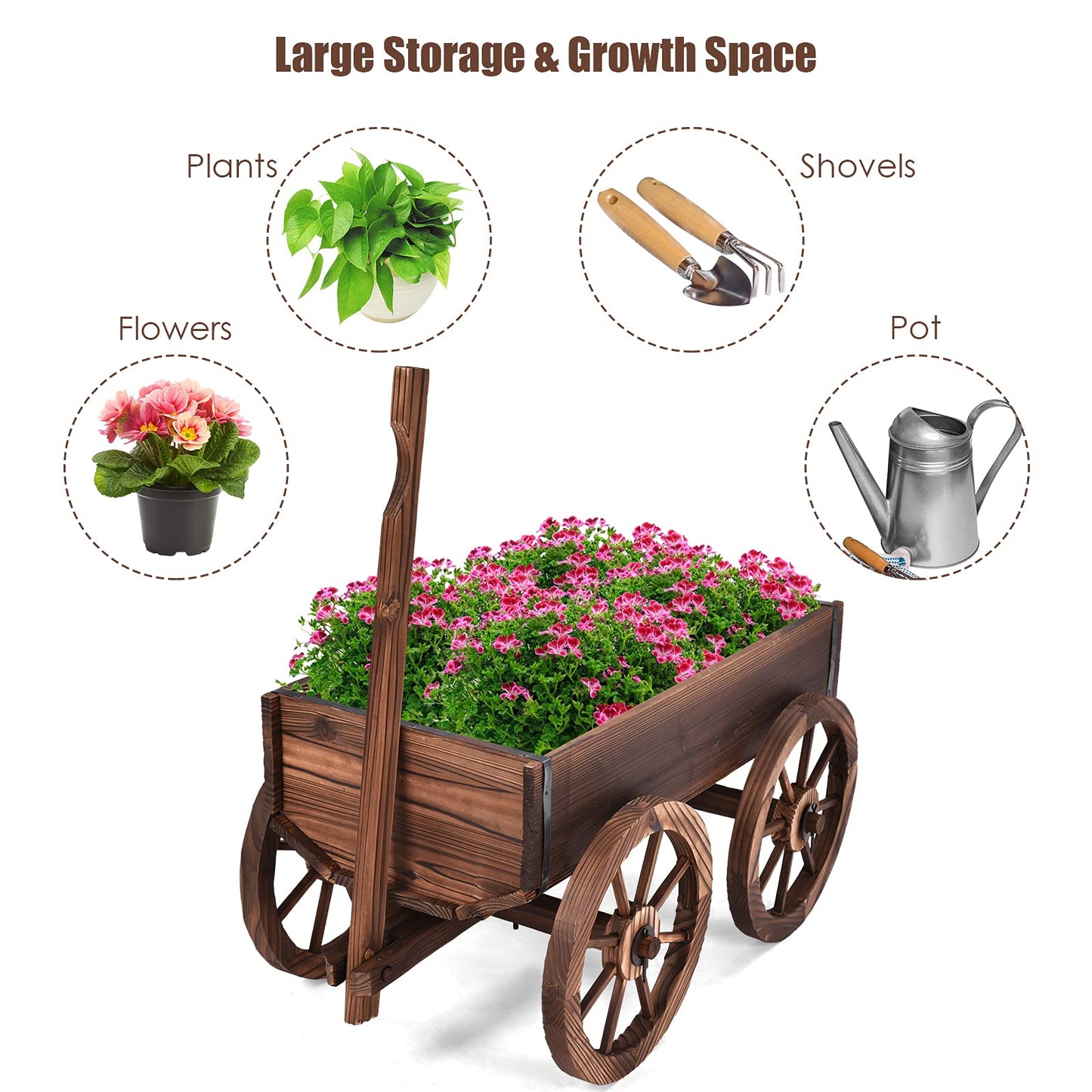 Tangkula Rustic Wooden Wagon Planter Box for Patio Garden Balcony (29.5" L x 17" W x 21" H)