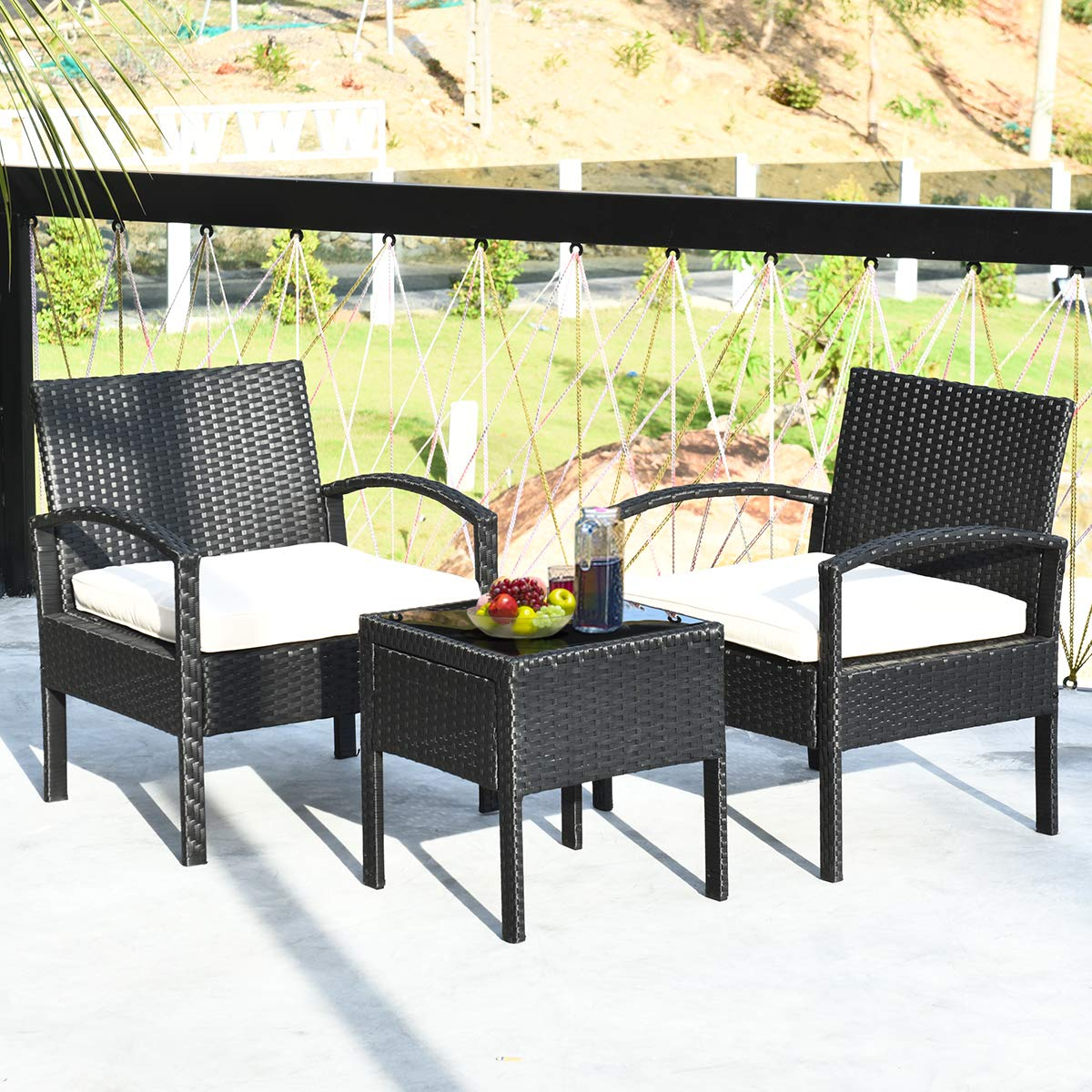 Tangkula 3 Piece Patio Conversation Set, Outdoor Rattan Sofa Set with White Seat Cushions & Coffee Table
