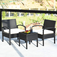 Tangkula 3 Piece Patio Conversation Set, Outdoor Rattan Sofa Set with White Seat Cushions & Coffee Table