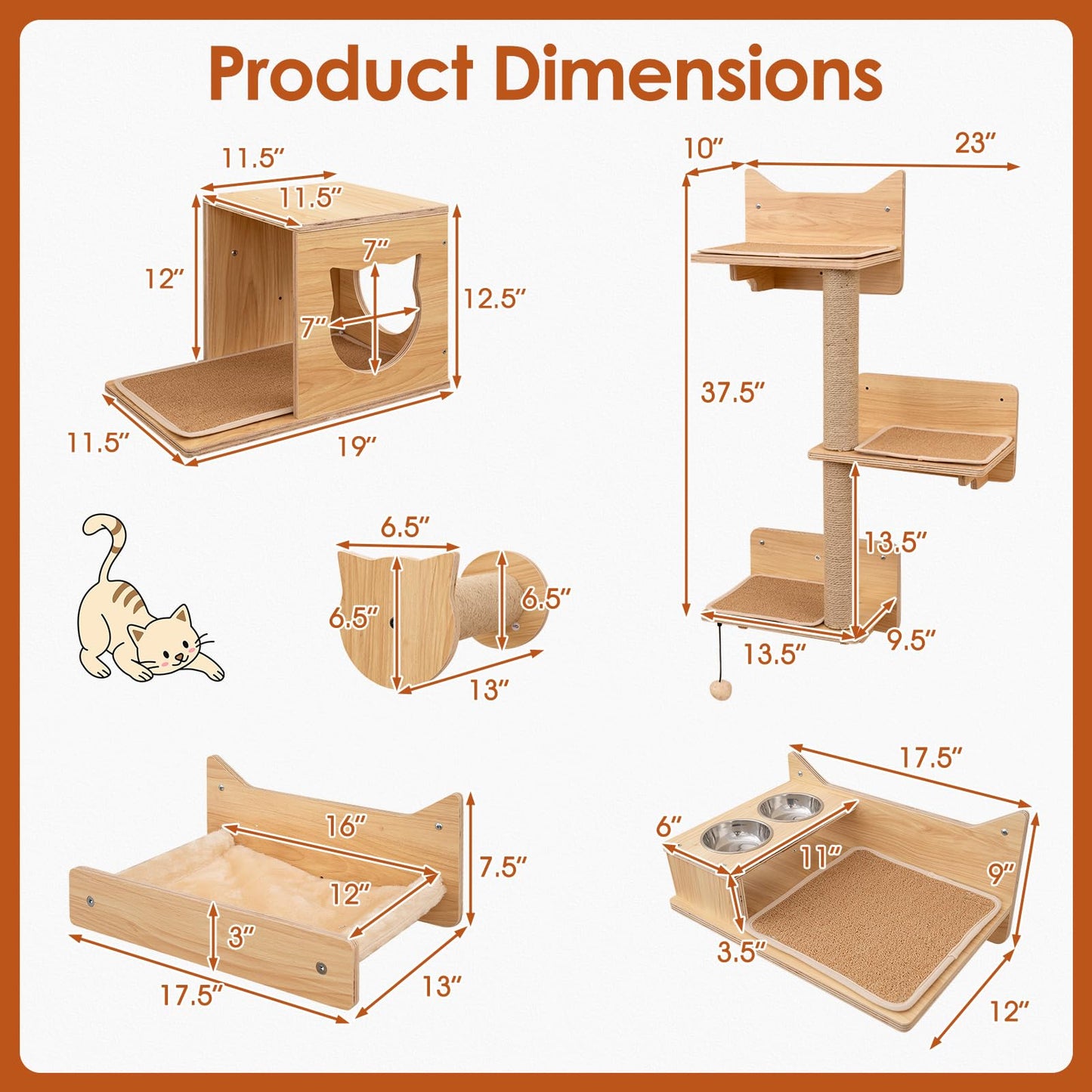 Tangkula Cat Wall Shelves 6 Pieces Wooden Wall Mounted Kitten Furniture Set