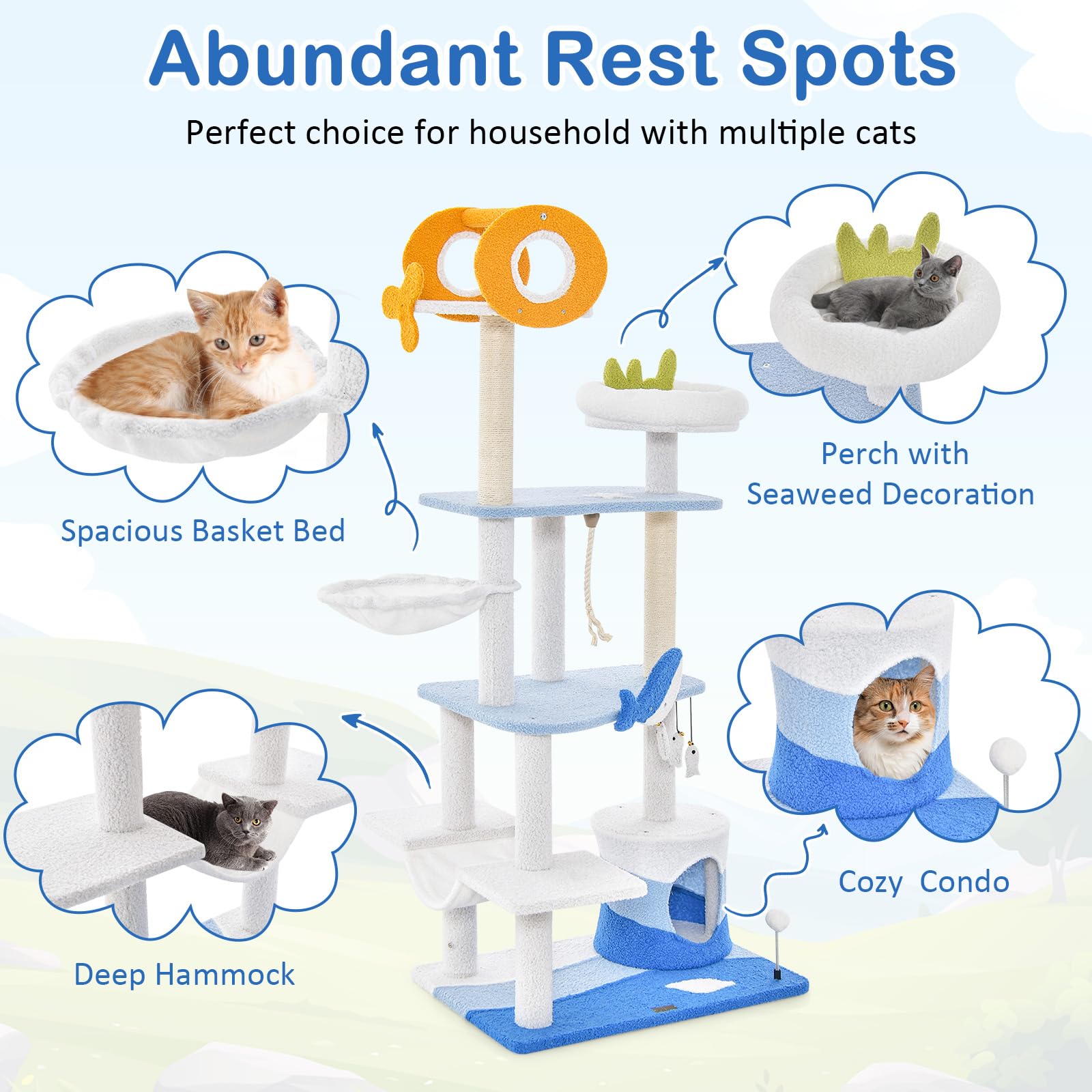 Ocean-Themed Cat Tree, 3-Level Cat Tower - Tangkula