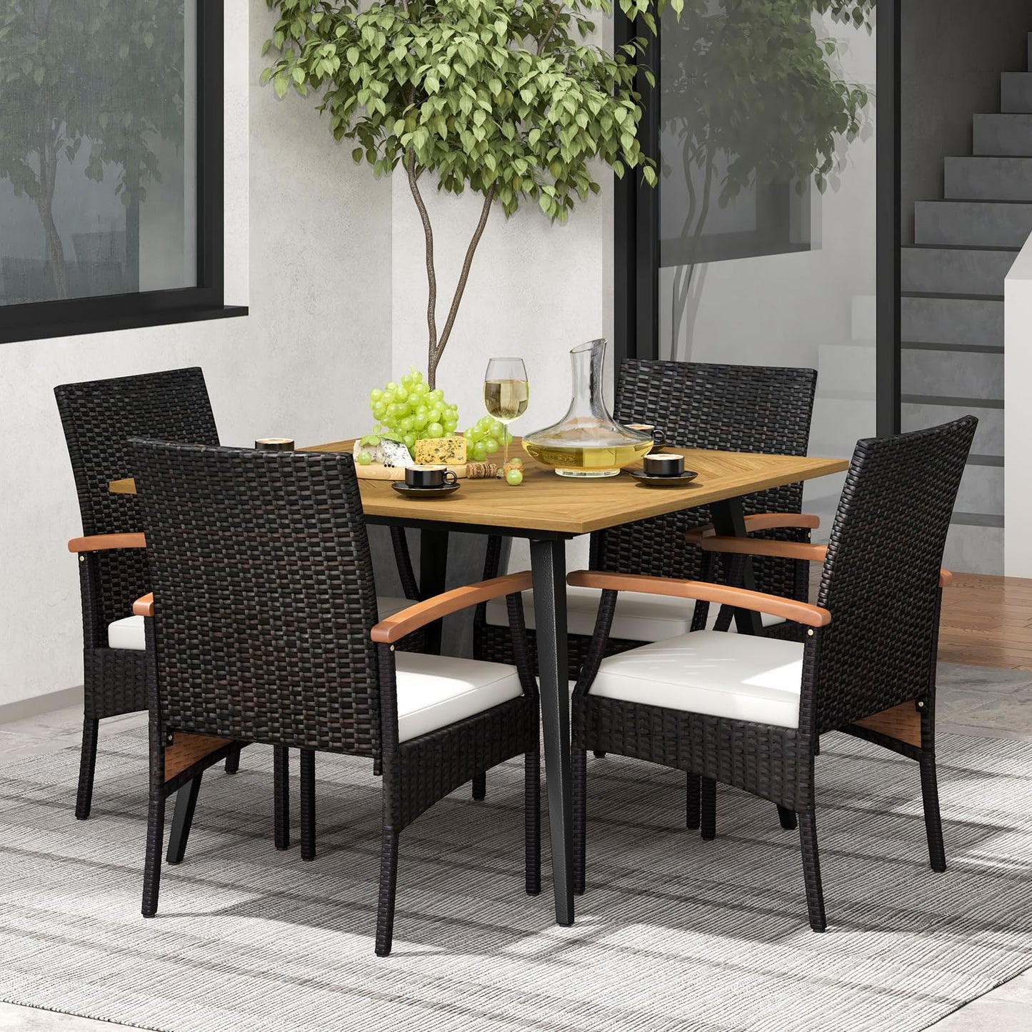 Tangkula 5 Pieces Patio PE Wicker Dining Set, 42.5” Square Acacia Wood Dining Table with 1.9” Umbrella Hole